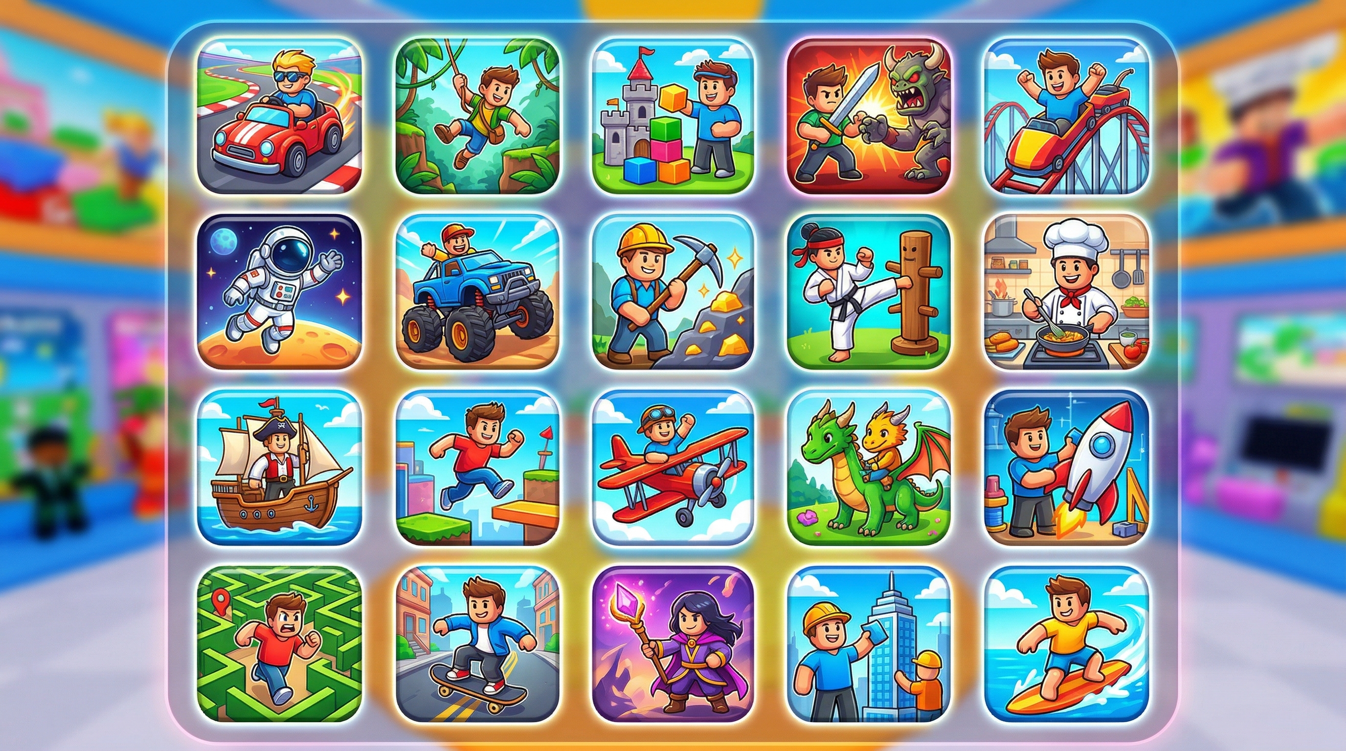 Collage of Roblox game environments and icons representing the top games list