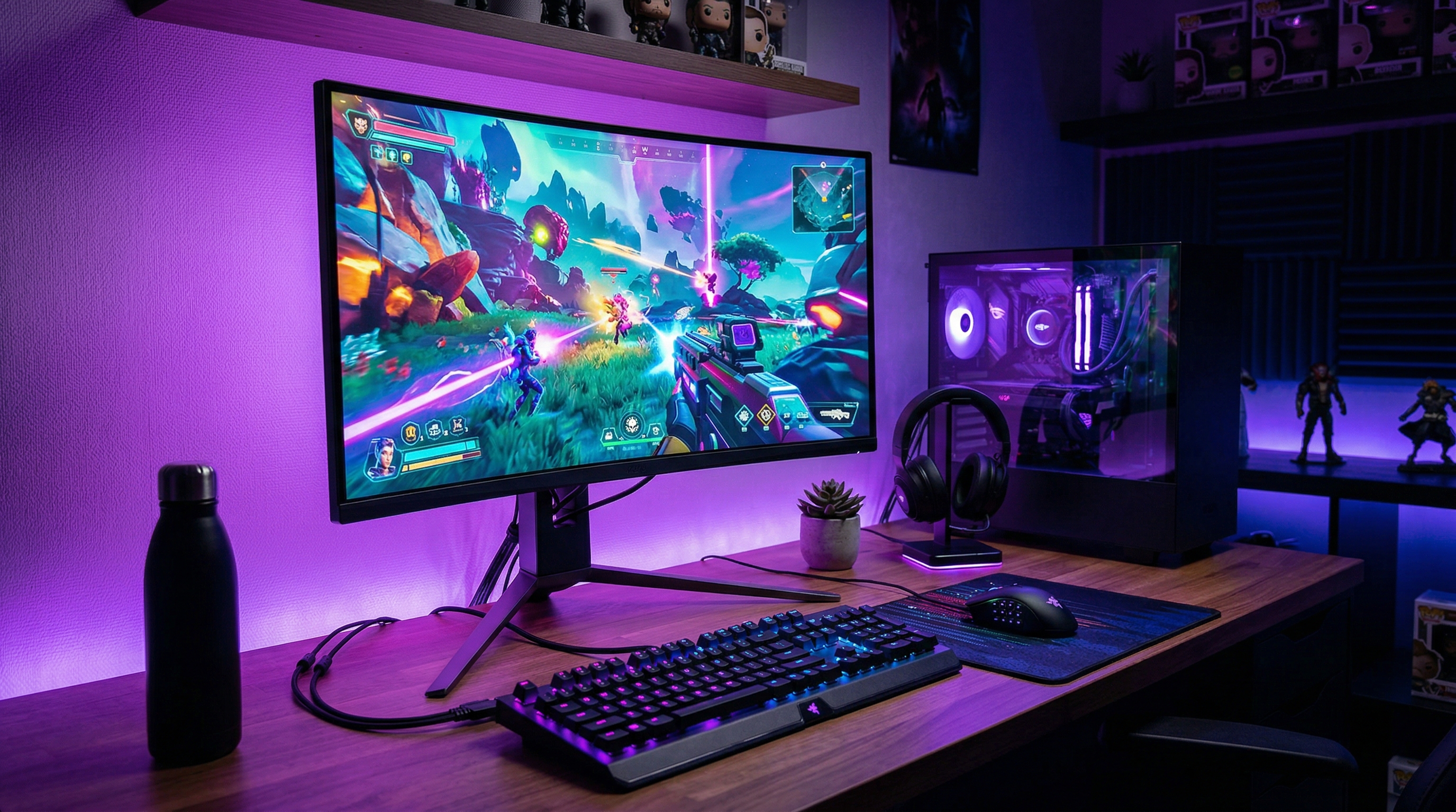 Gaming desk setup with RGB lights and monitor