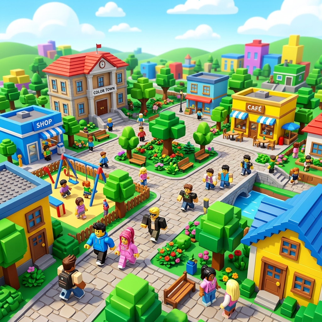 Colorful Roblox world with islands and structures