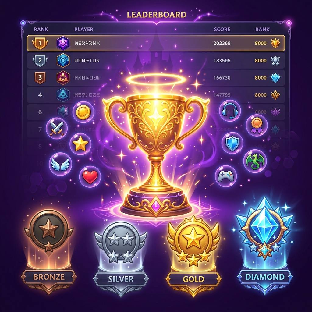 Trophies and rank badges representing competitive achievements